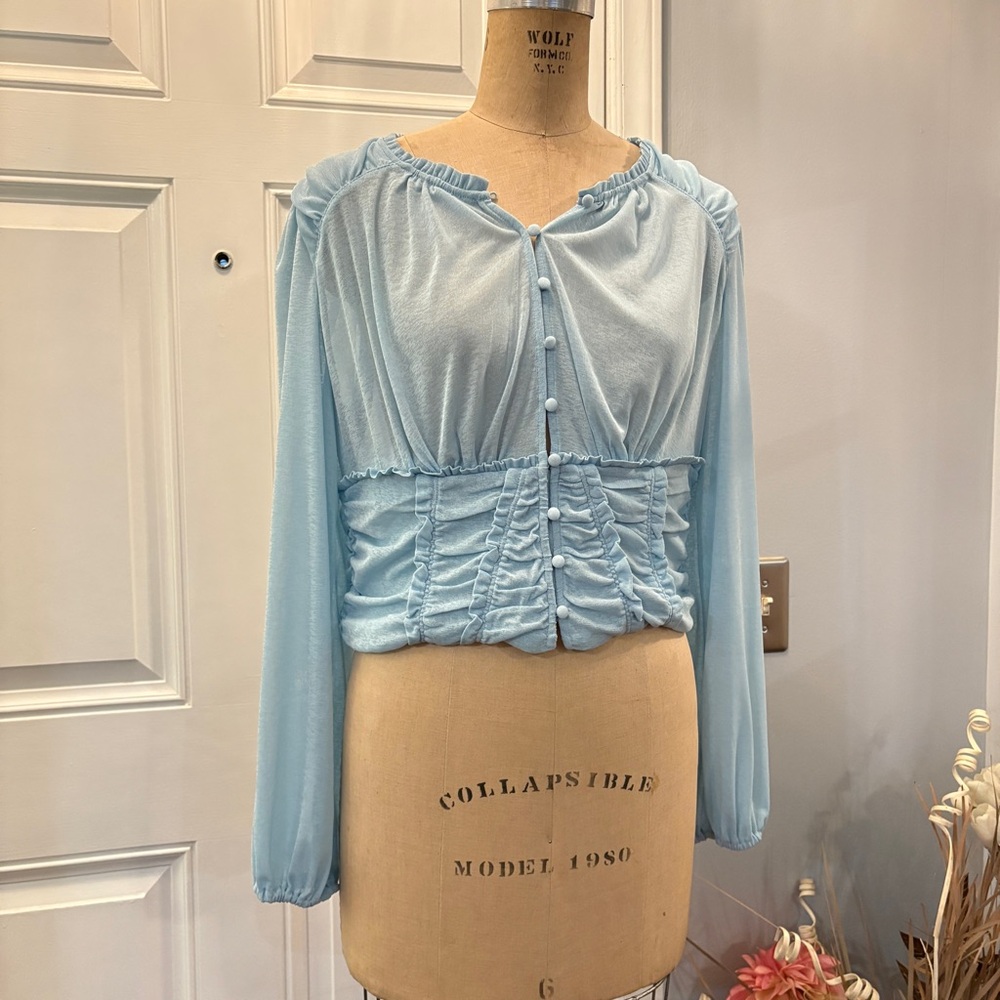 Anthropologie Women’s Light‎ Blue Long Sleeve Ruched Blouse Large Glam Boho NWT